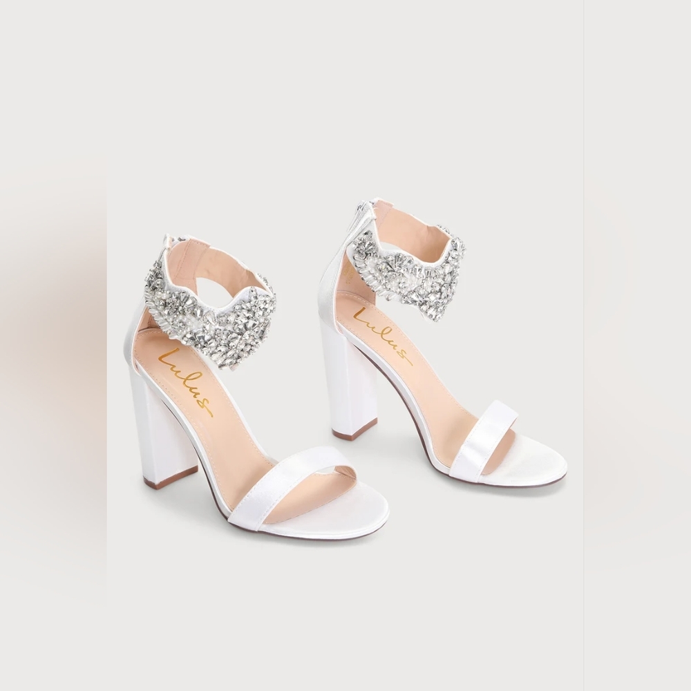 Lulus Dannah White Satin Rhinestone and Pearl High Heel Sandals
